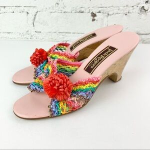 Jack Rogers Vintage Heels Raffia Rainbow Cork Wedge 70s 6.5